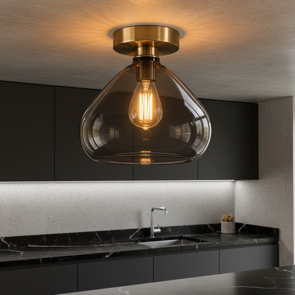 Smoky Gray Glass Flush Mount Ceiling Light – Handmade Brass Ceiling Fixture