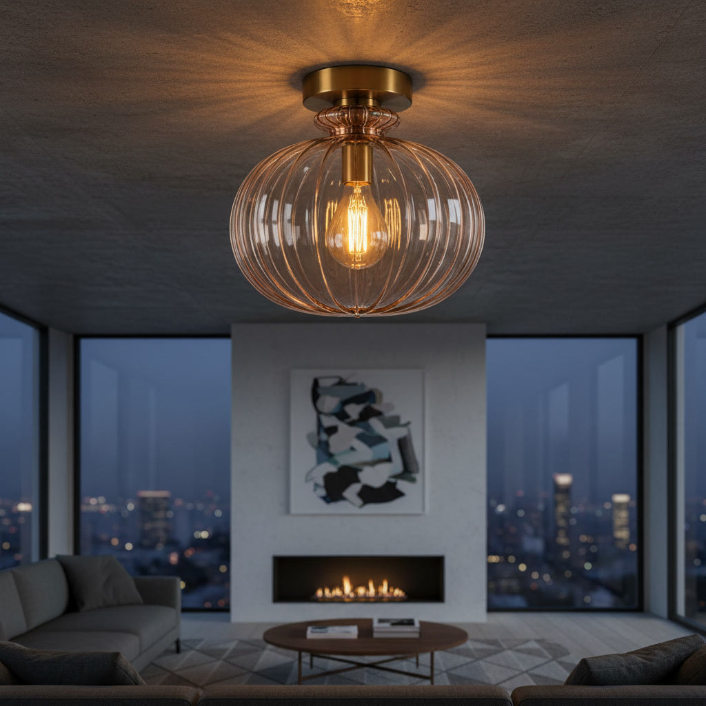 Blush Pink Ribbed Glass Flush Mount Ceiling Light – Handmade Brass Ceiling Fixture