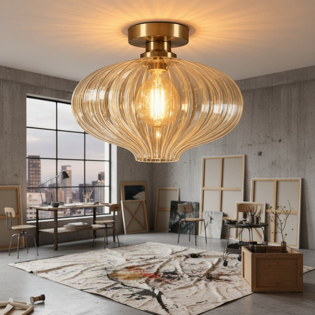Clear Ribbed Glass Flush Mount Ceiling Light – Handmade Brass Ceiling Fixture