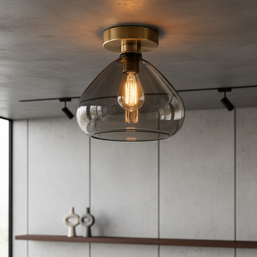 Smoky Gray Glass Flush Mount Ceiling Light – Handmade Brass Ceiling Fixture