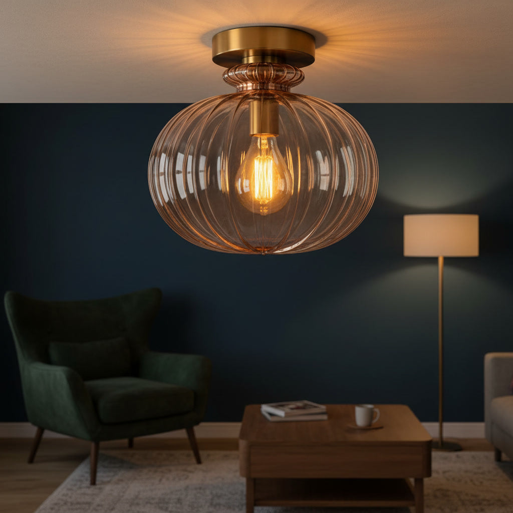 Blush Pink Ribbed Glass Flush Mount Ceiling Light – Handmade Brass Ceiling Fixture
