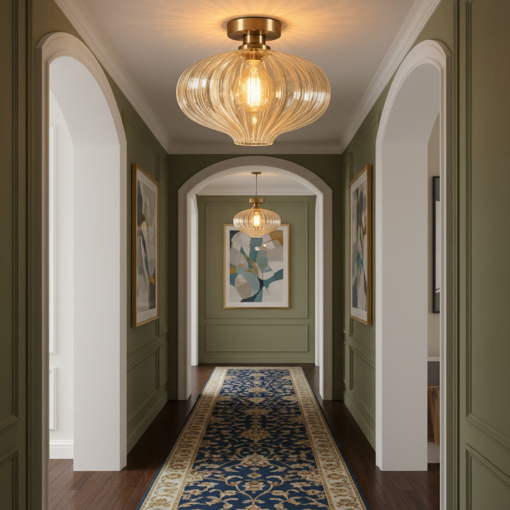 Clear Ribbed Glass Flush Mount Ceiling Light – Handmade Brass Ceiling Fixture
