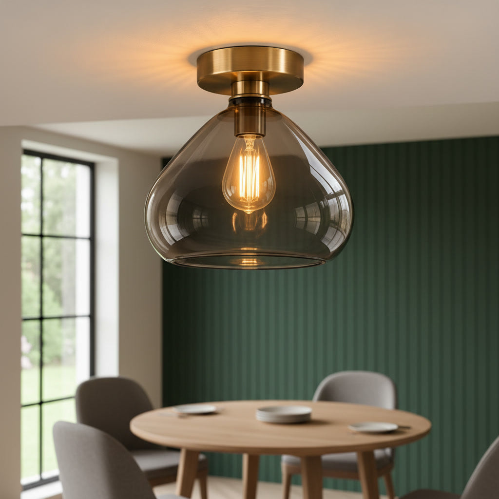 Smoky Gray Glass Flush Mount Ceiling Light – Handmade Brass Ceiling Fixture