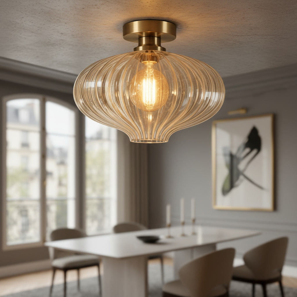 Clear Ribbed Glass Flush Mount Ceiling Light – Handmade Brass Ceiling Fixture