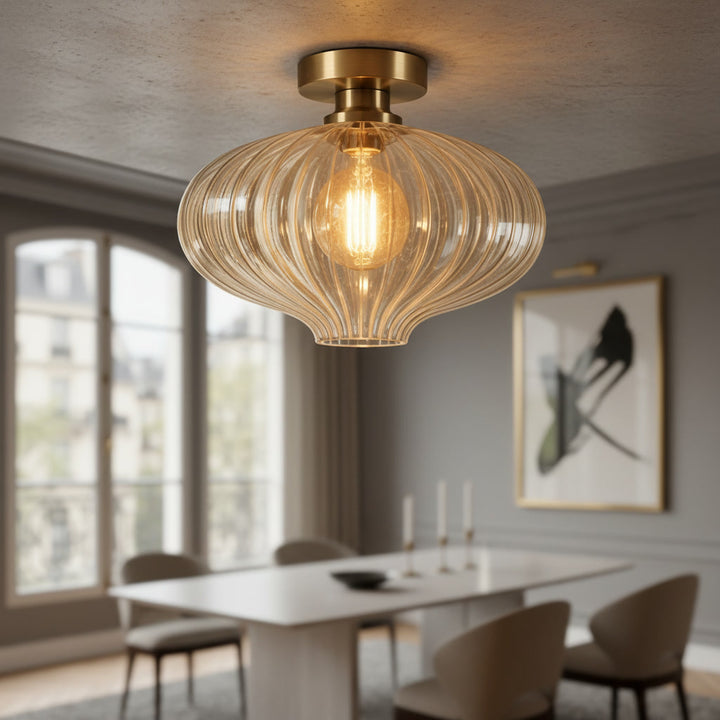 Clear Ribbed Glass Flush Mount Ceiling Light – Handmade Brass Ceiling Fixture