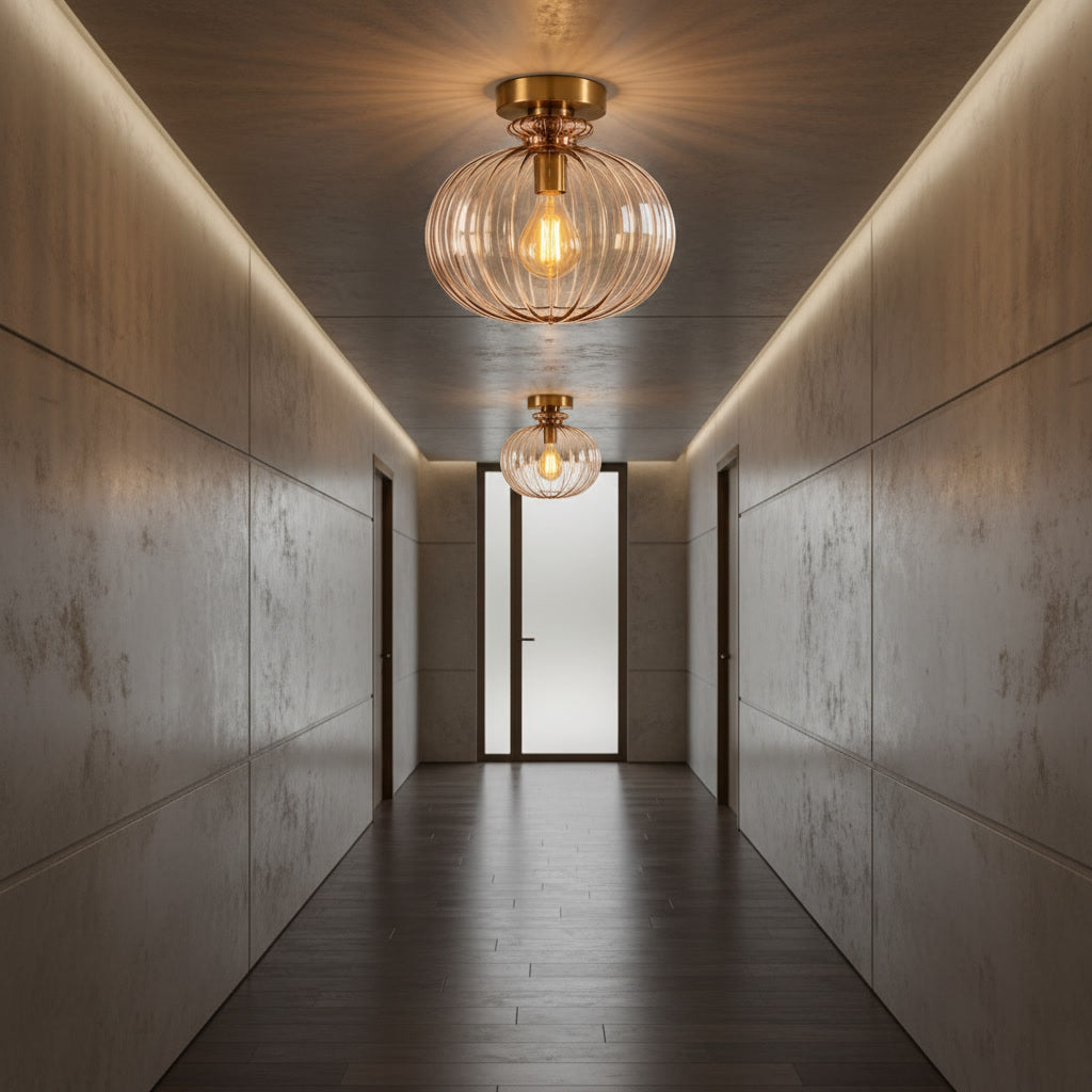 Blush Pink Ribbed Glass Flush Mount Ceiling Light – Handmade Brass Ceiling Fixture