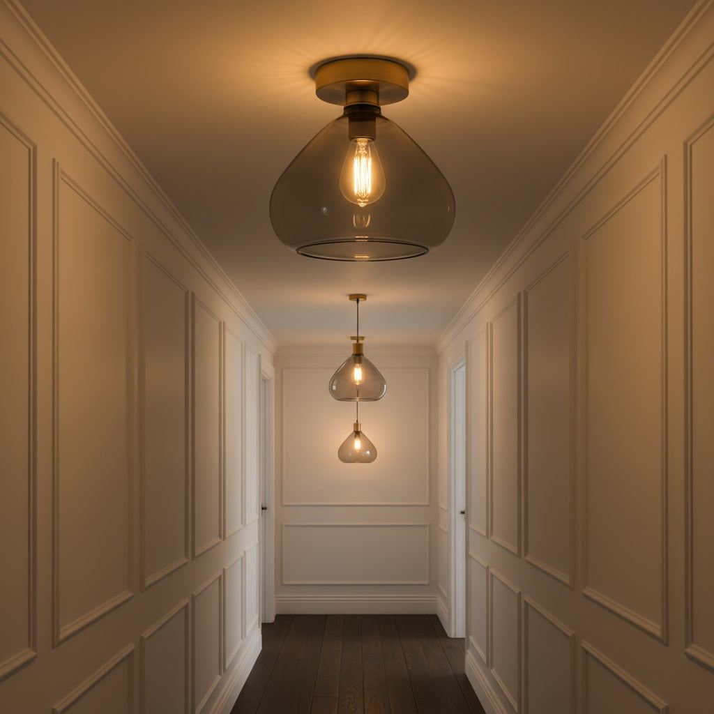 Smoky Gray Glass Flush Mount Ceiling Light – Handmade Brass Ceiling Fixture