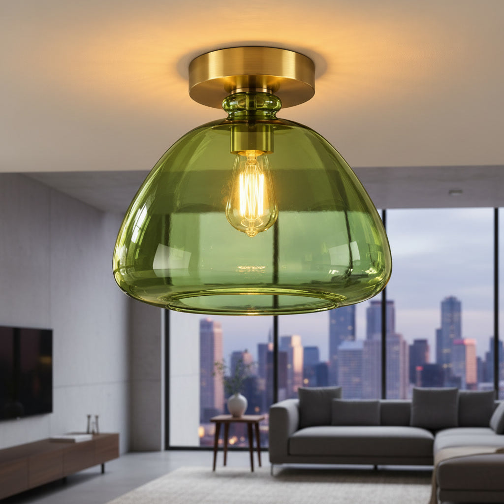 Olive Green Glass Flush Mount Ceiling Light – Handmade Brass Ceiling Fixture