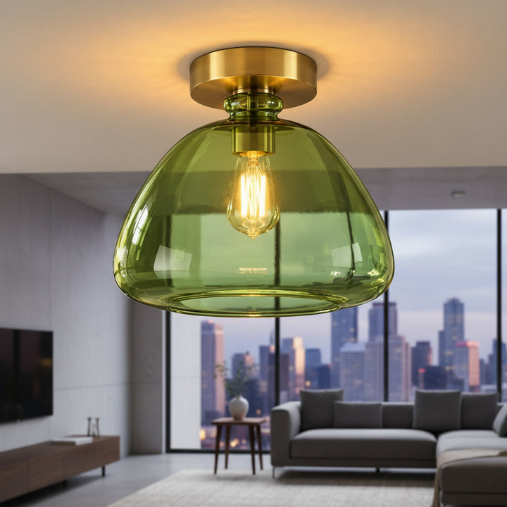 Olive Green Glass Flush Mount Ceiling Light – Handmade Brass Ceiling Fixture