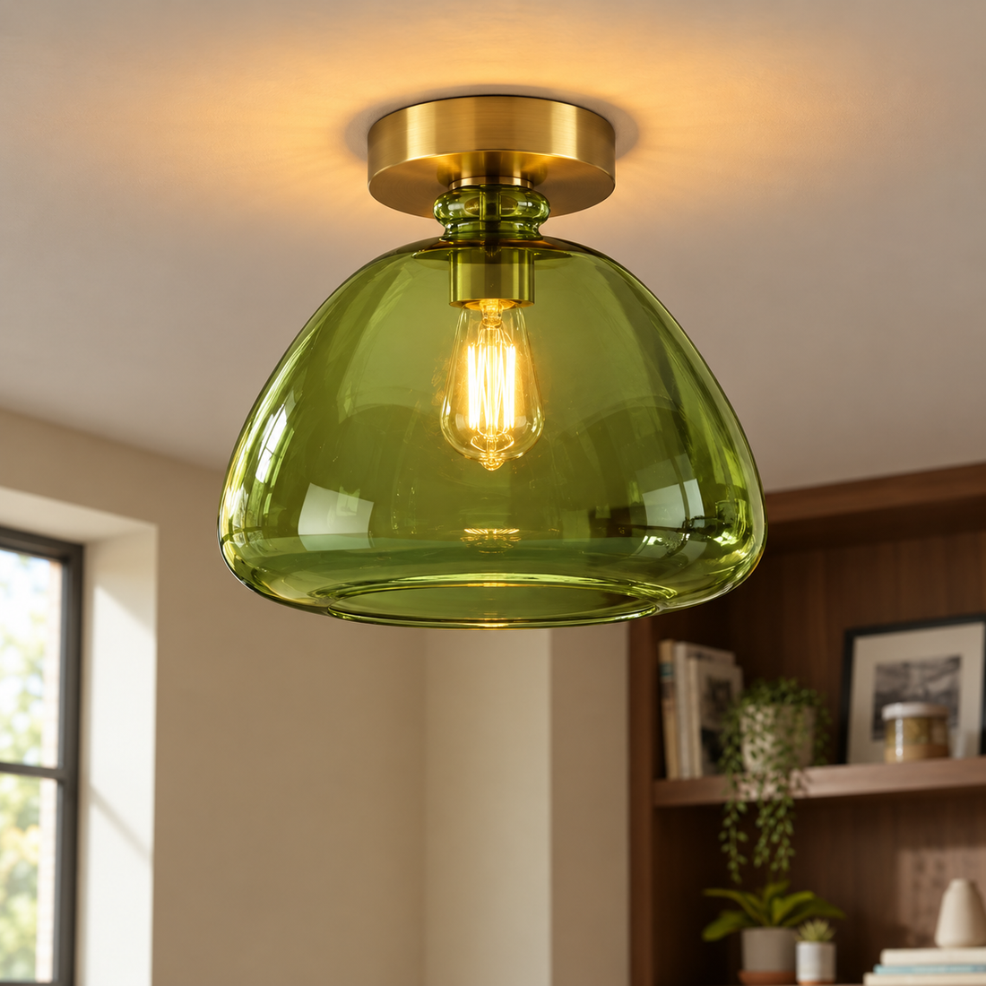Olive Green Glass Flush Mount Ceiling Light – Handmade Brass Ceiling Fixture