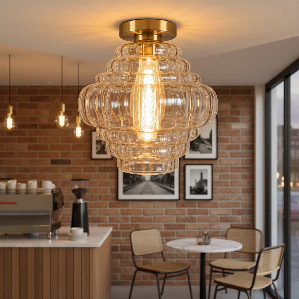 Clear Ribbed Glass Flush Mount Ceiling Light – Hand Blown Sculptural Glass with Brass Canopy
