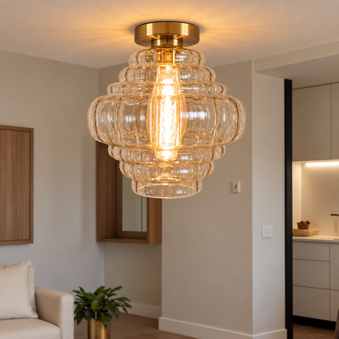 Clear Ribbed Glass Flush Mount Ceiling Light – Hand Blown Sculptural Glass with Brass Canopy