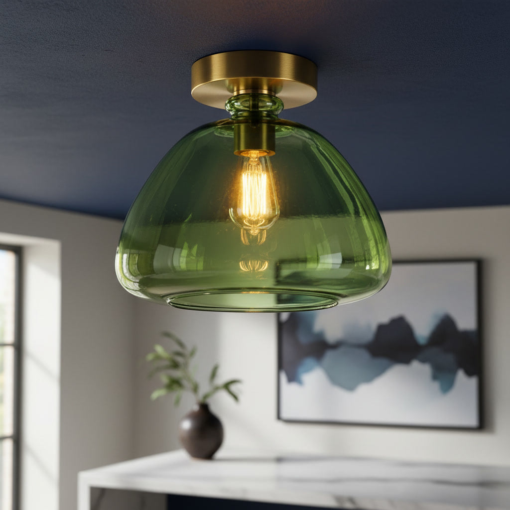 Olive Green Glass Flush Mount Ceiling Light – Handmade Brass Ceiling Fixture