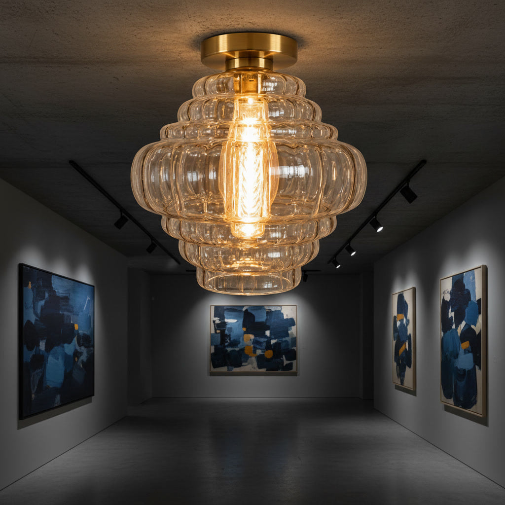 Clear Ribbed Glass Flush Mount Ceiling Light – Hand Blown Sculptural Glass with Brass Canopy