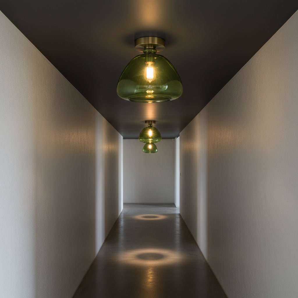 Olive Green Glass Flush Mount Ceiling Light – Handmade Brass Ceiling Fixture