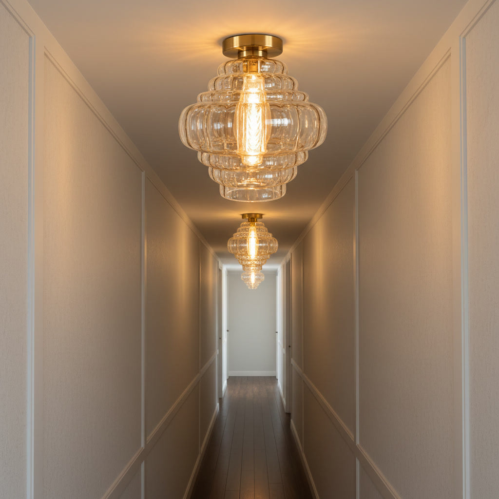 Clear Ribbed Glass Flush Mount Ceiling Light – Hand Blown Sculptural Glass with Brass Canopy