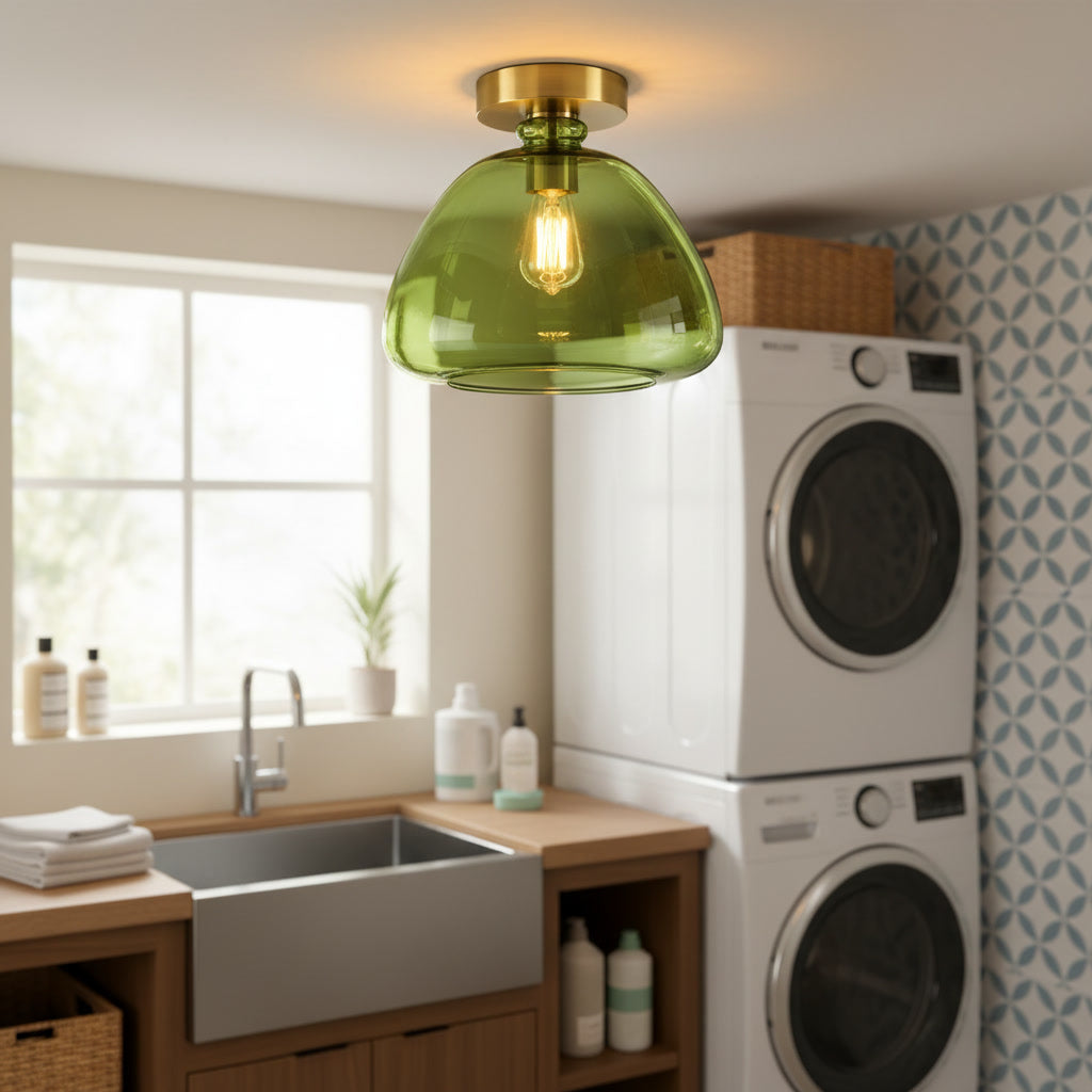 Olive Green Glass Flush Mount Ceiling Light – Handmade Brass Ceiling Fixture