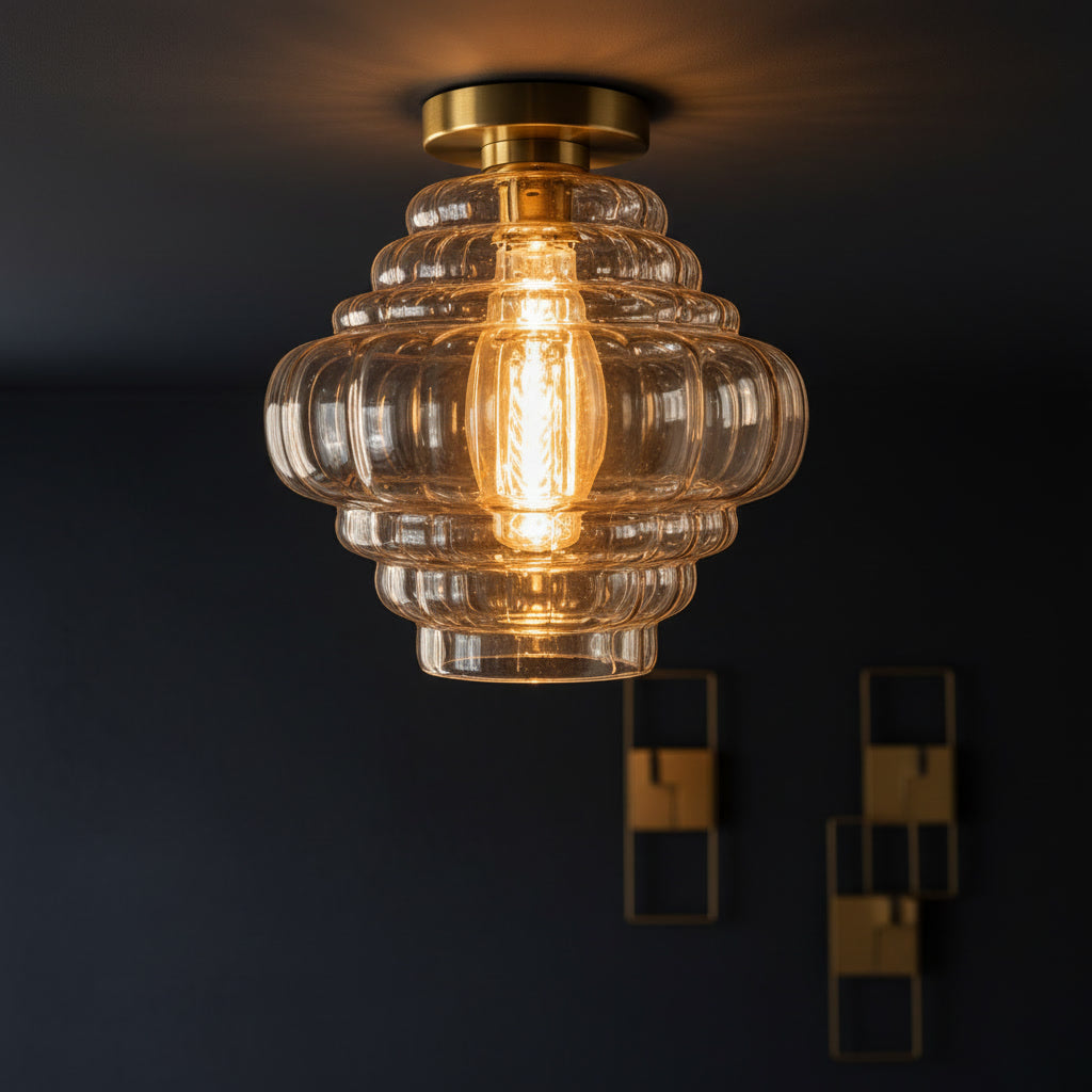 Clear Ribbed Glass Flush Mount Ceiling Light – Hand Blown Sculptural Glass with Brass Canopy