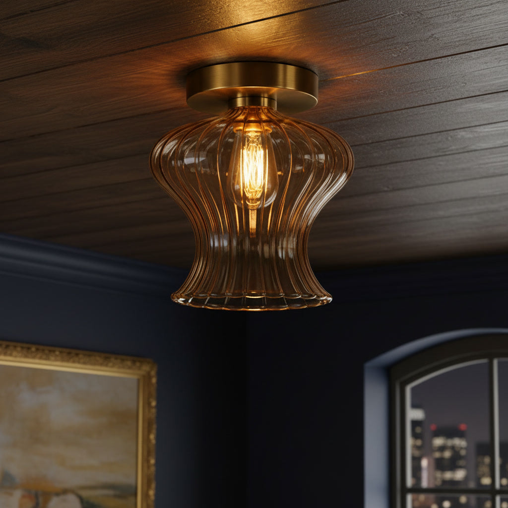 Amber Ribbed Glass Flush Mount Ceiling Light – Hand Blown Brass Ceiling Fixture