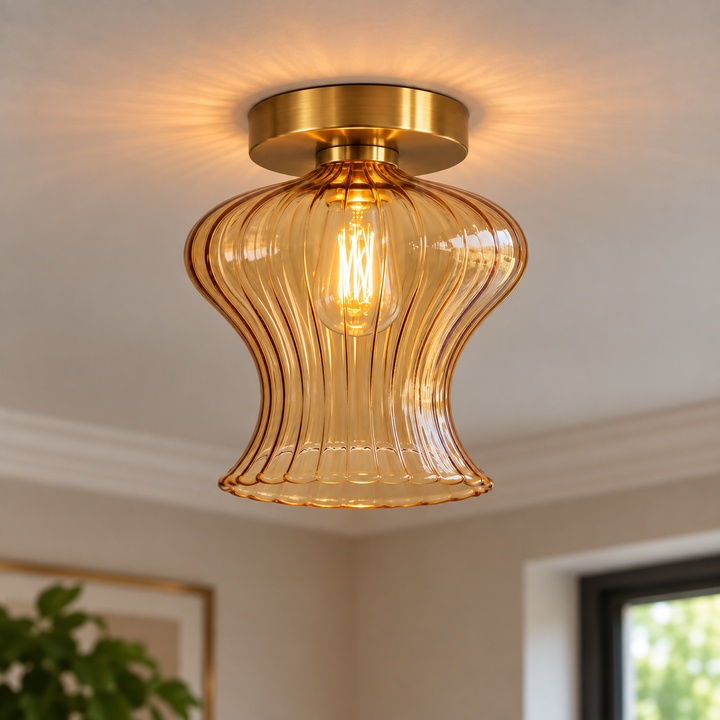 Amber Ribbed Glass Flush Mount Ceiling Light – Hand Blown Brass Ceiling Fixture