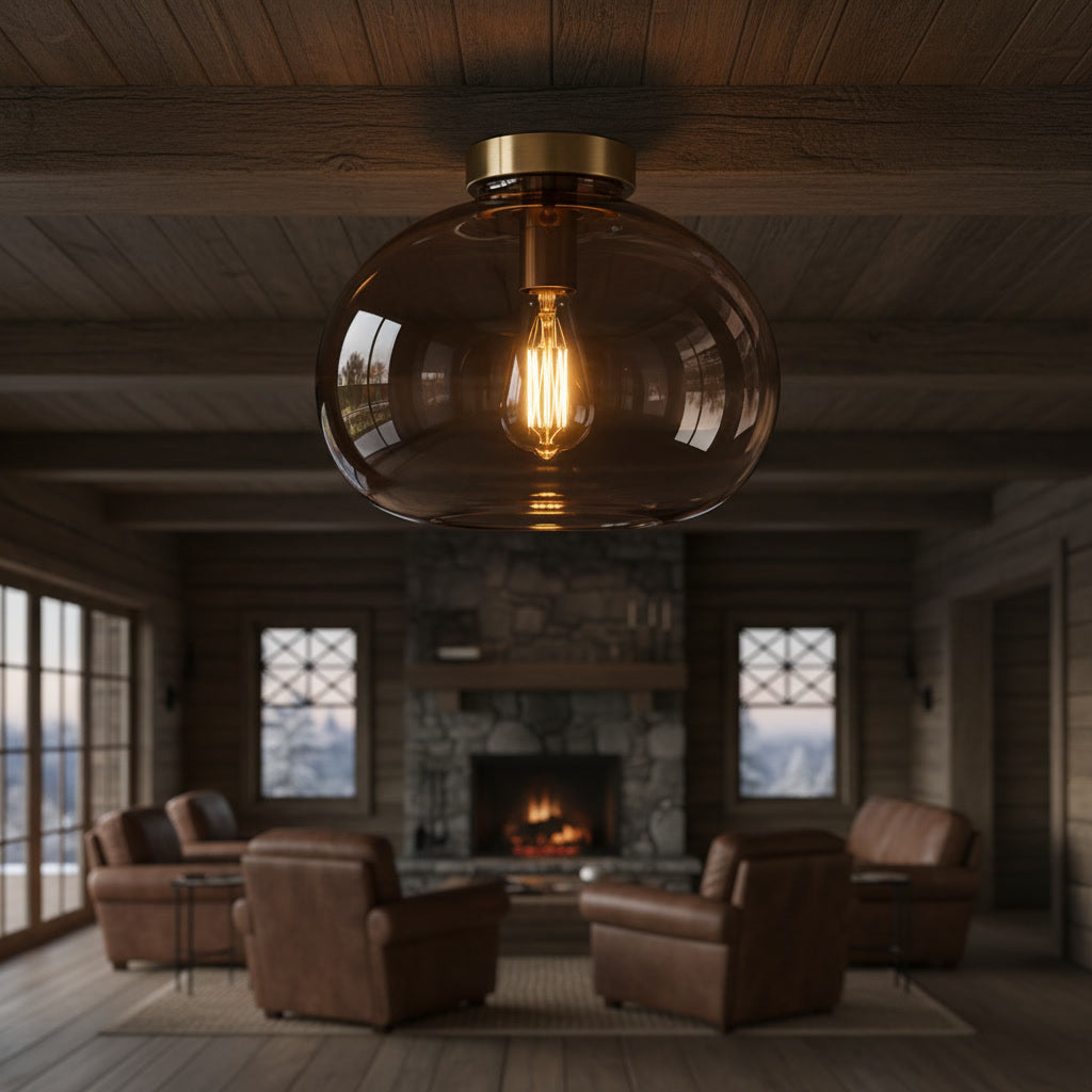 Smoky Brown Glass Flush Mount Ceiling Light – Hand Blown Globe with Brass Canopy