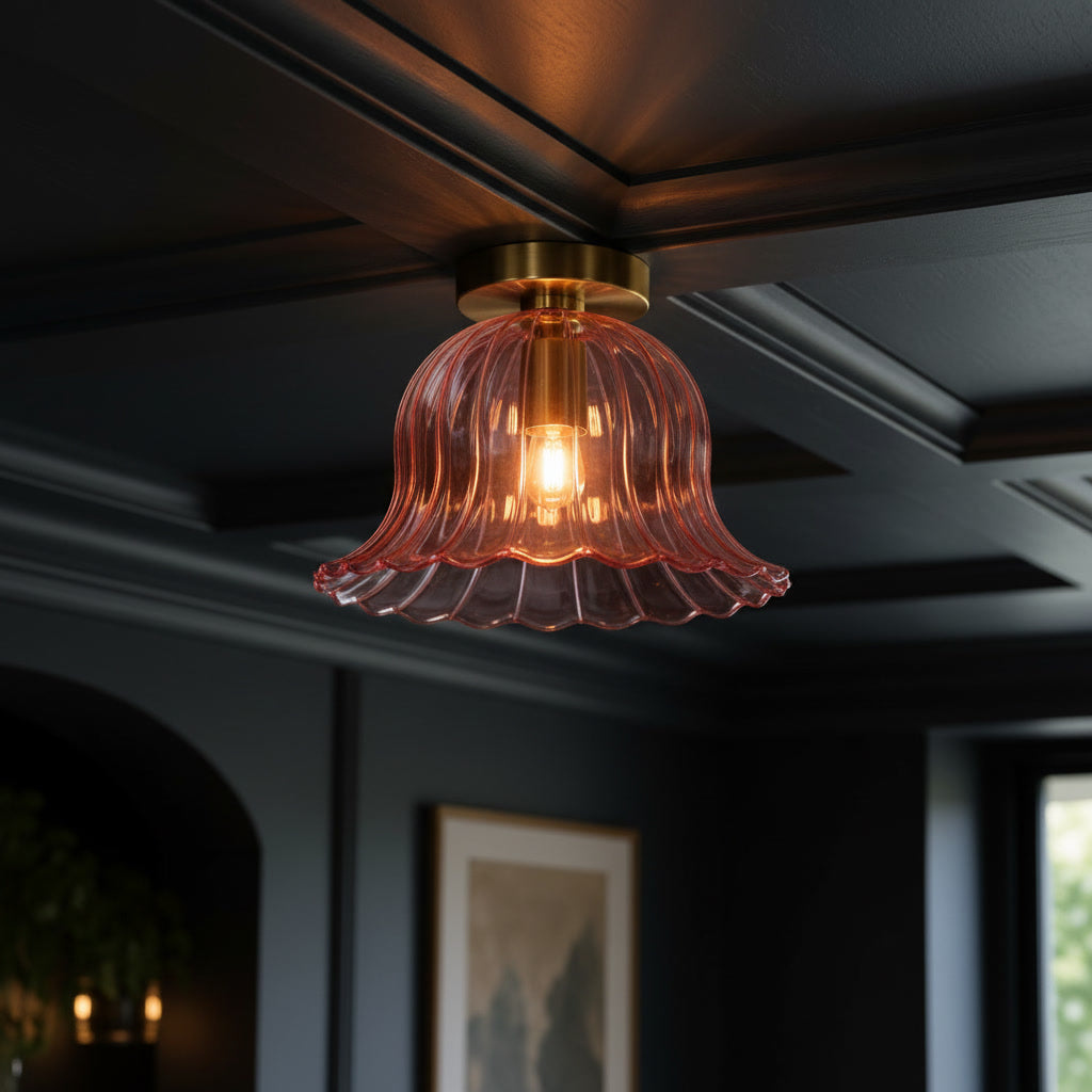 Pink Ribbed Glass Flush Mount Ceiling Light – Hand Blown Flower Shade with Brass Canopy