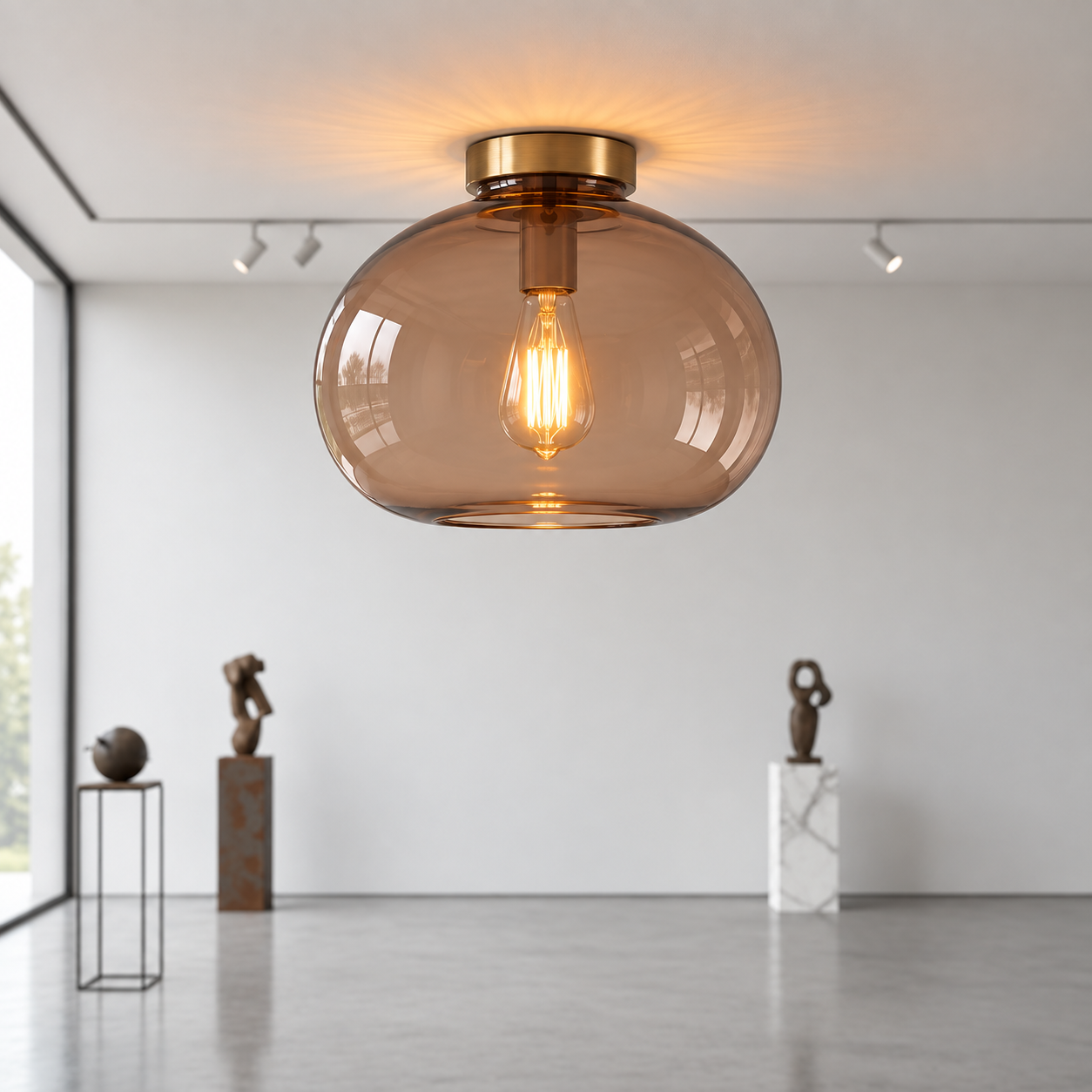Smoky Brown Glass Flush Mount Ceiling Light – Hand Blown Globe with Brass Canopy