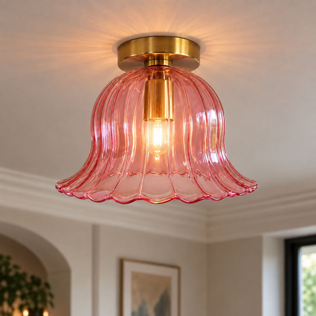 Pink Ribbed Glass Flush Mount Ceiling Light – Hand Blown Flower Shade with Brass Canopy