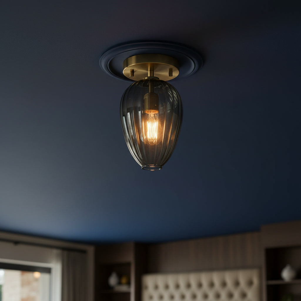Smoky Gray Ribbed Glass Flush Mount Ceiling Light – Hand Blown Glass with Brass Canopy
