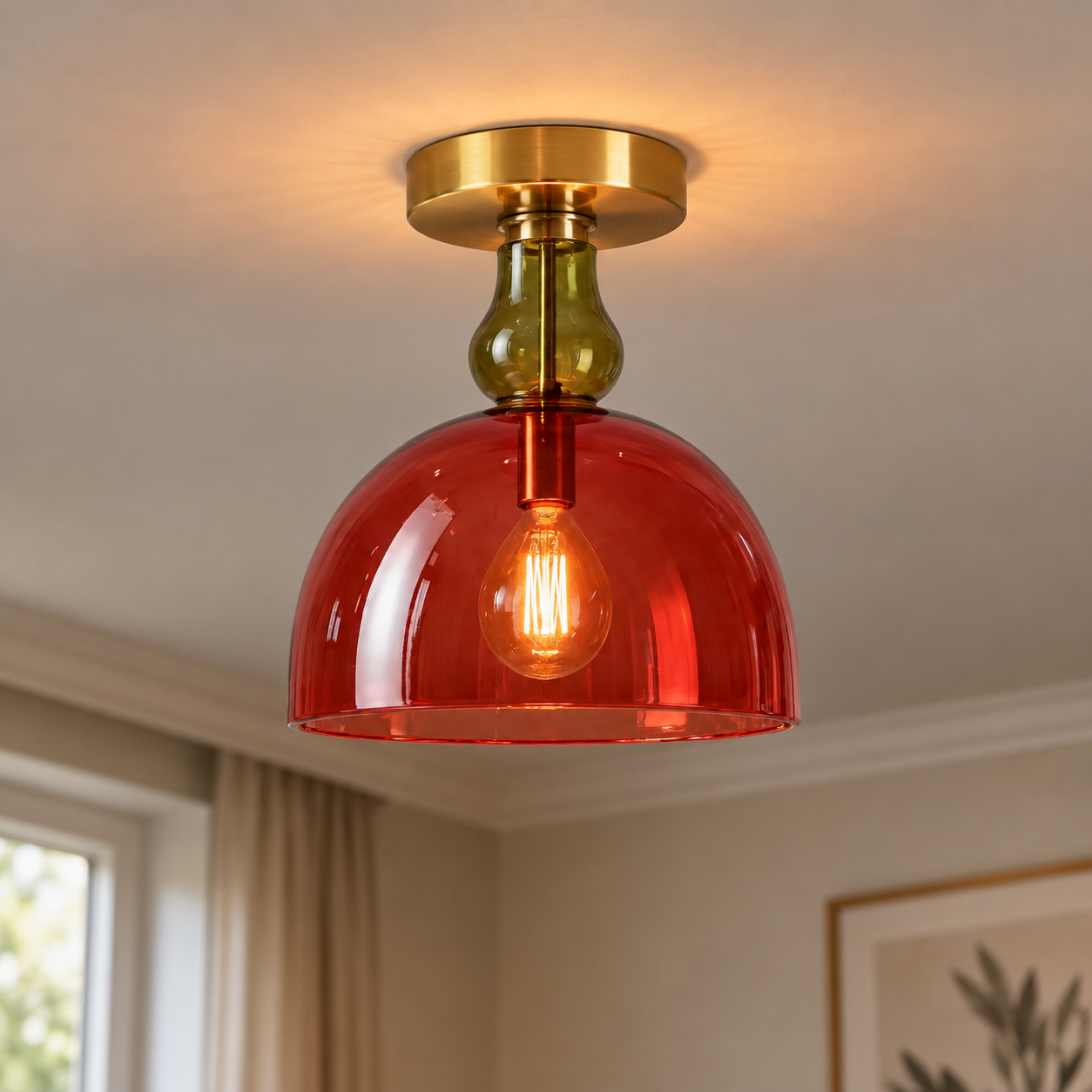 Red Glass Flush Mount Ceiling Light – Hand Blown Dome Glass with Brass Canopy
