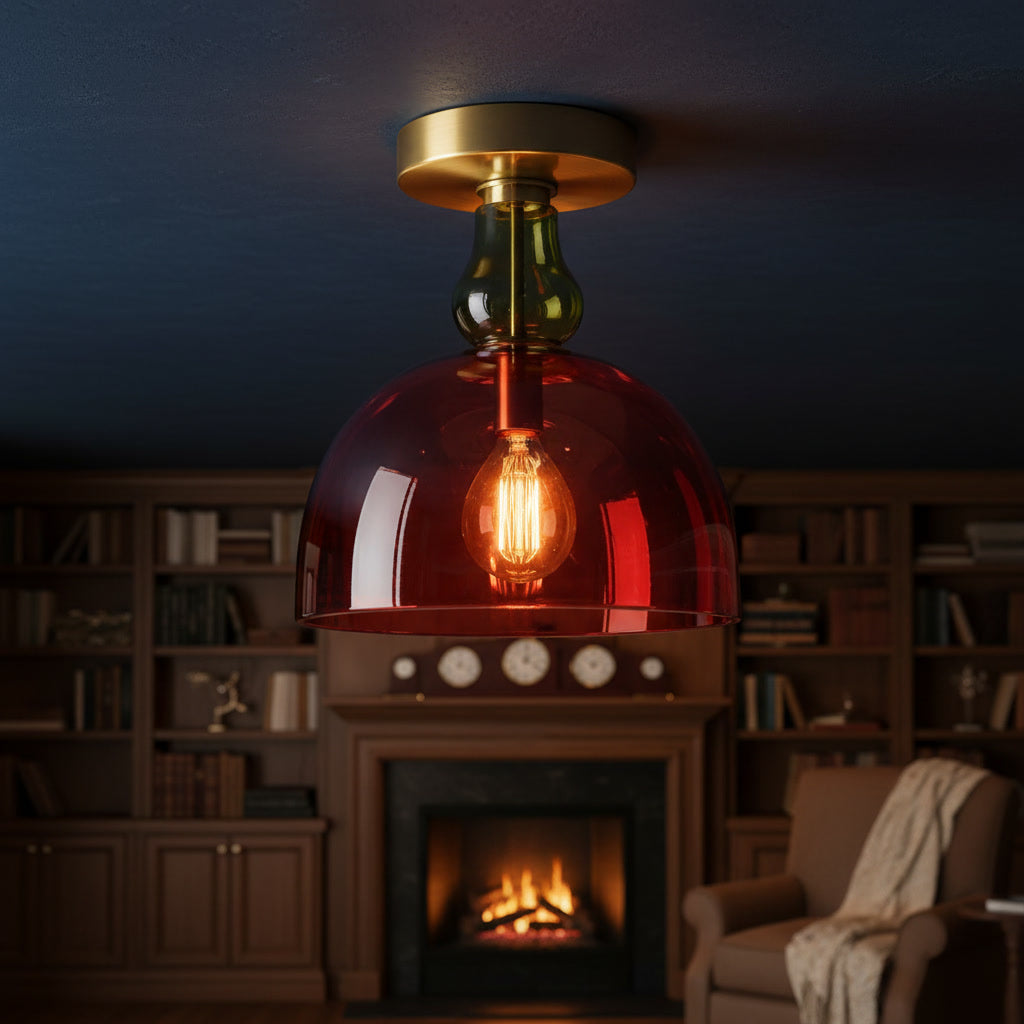 Red Glass Flush Mount Ceiling Light – Hand Blown Dome Glass with Brass Canopy