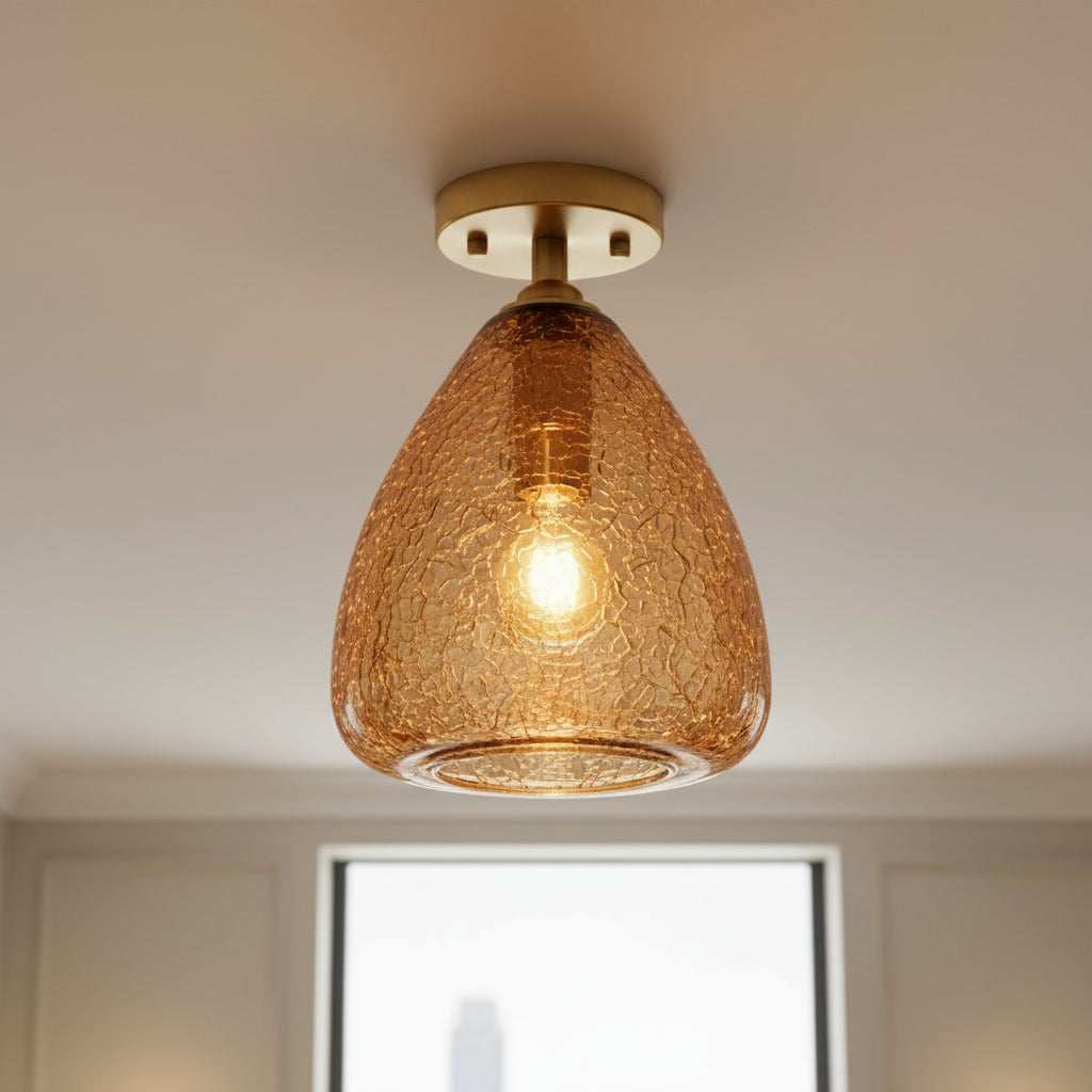 Amber Crackle Glass Flush Mount Ceiling Light – Hand Blown Brass Ceiling Fixture