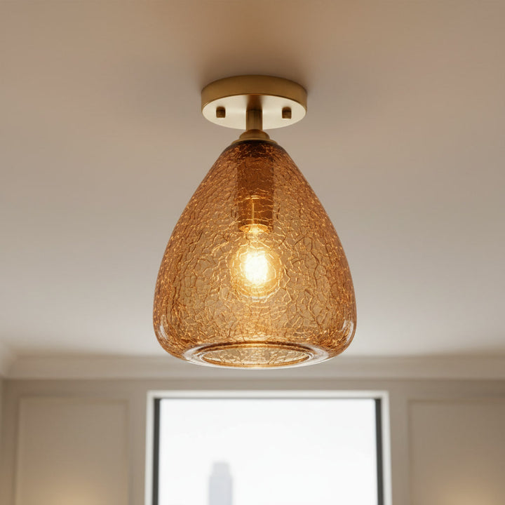 Amber Crackle Glass Flush Mount Ceiling Light – Hand Blown Brass Ceiling Fixture