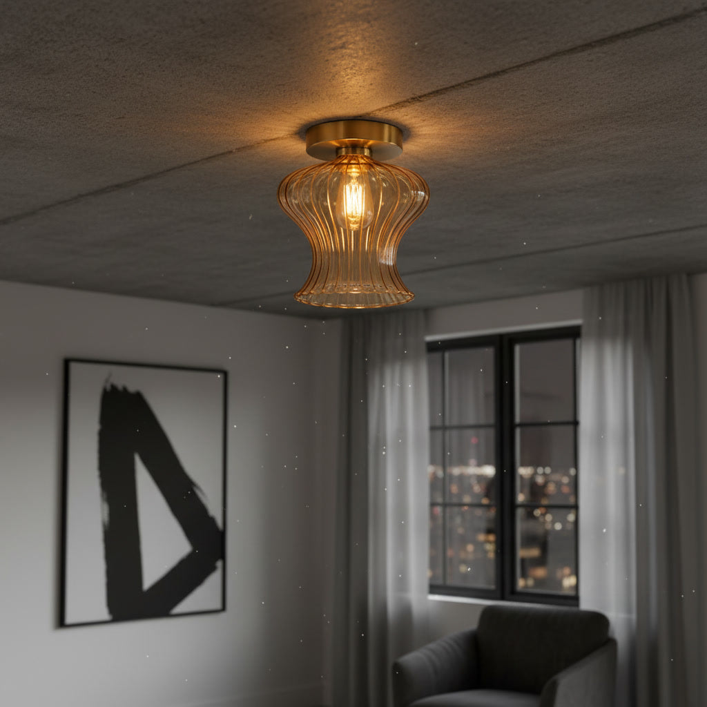 Amber Ribbed Glass Flush Mount Ceiling Light – Hand Blown Brass Ceiling Fixture