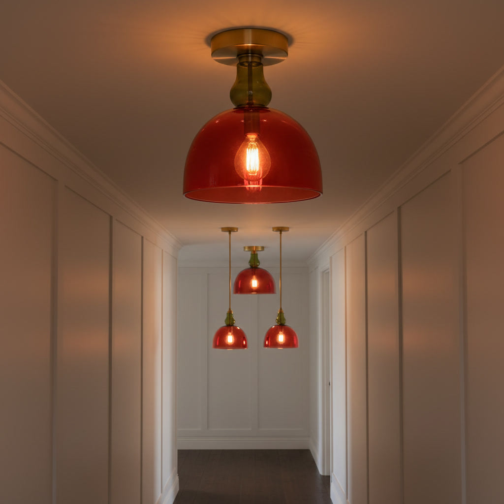 Red Glass Flush Mount Ceiling Light – Hand Blown Dome Glass with Brass Canopy