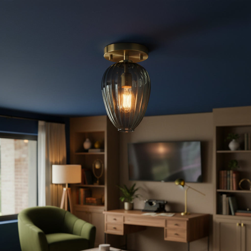 Smoky Gray Ribbed Glass Flush Mount Ceiling Light – Hand Blown Glass with Brass Canopy