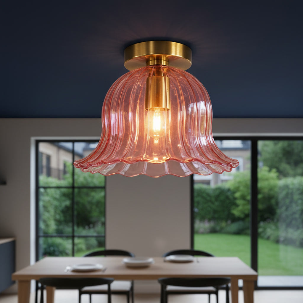 Pink Ribbed Glass Flush Mount Ceiling Light – Hand Blown Flower Shade with Brass Canopy