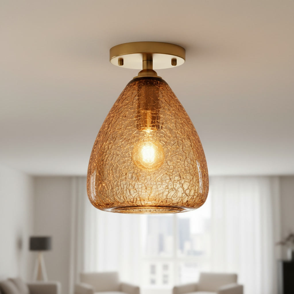 Amber Crackle Glass Flush Mount Ceiling Light – Hand Blown Brass Ceiling Fixture