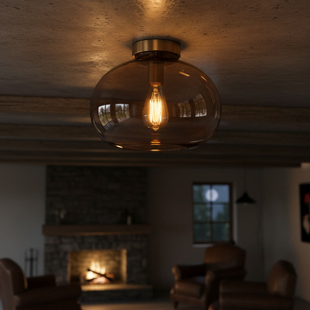 Smoky Brown Glass Flush Mount Ceiling Light – Hand Blown Globe with Brass Canopy