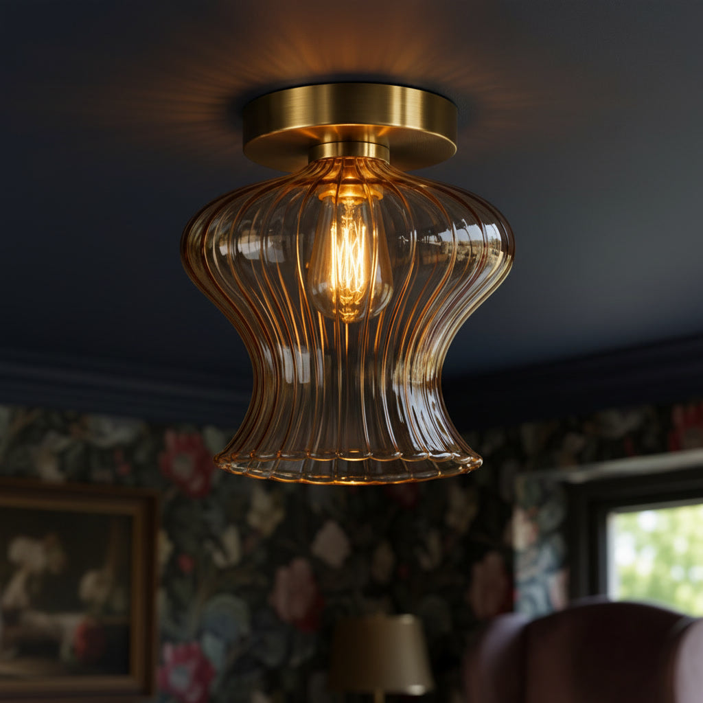 Amber Ribbed Glass Flush Mount Ceiling Light – Hand Blown Brass Ceiling Fixture