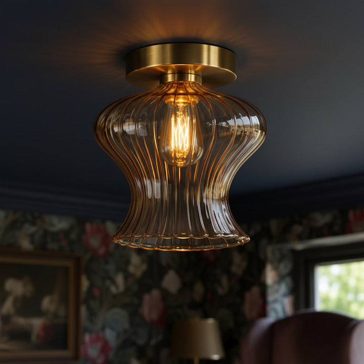 Amber Ribbed Glass Flush Mount Ceiling Light – Hand Blown Brass Ceiling Fixture