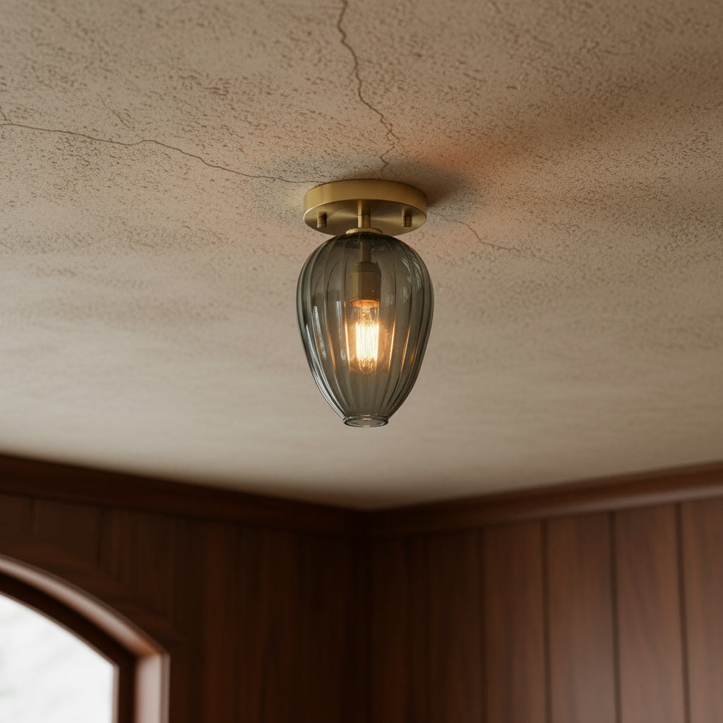Smoky Gray Ribbed Glass Flush Mount Ceiling Light – Hand Blown Glass with Brass Canopy