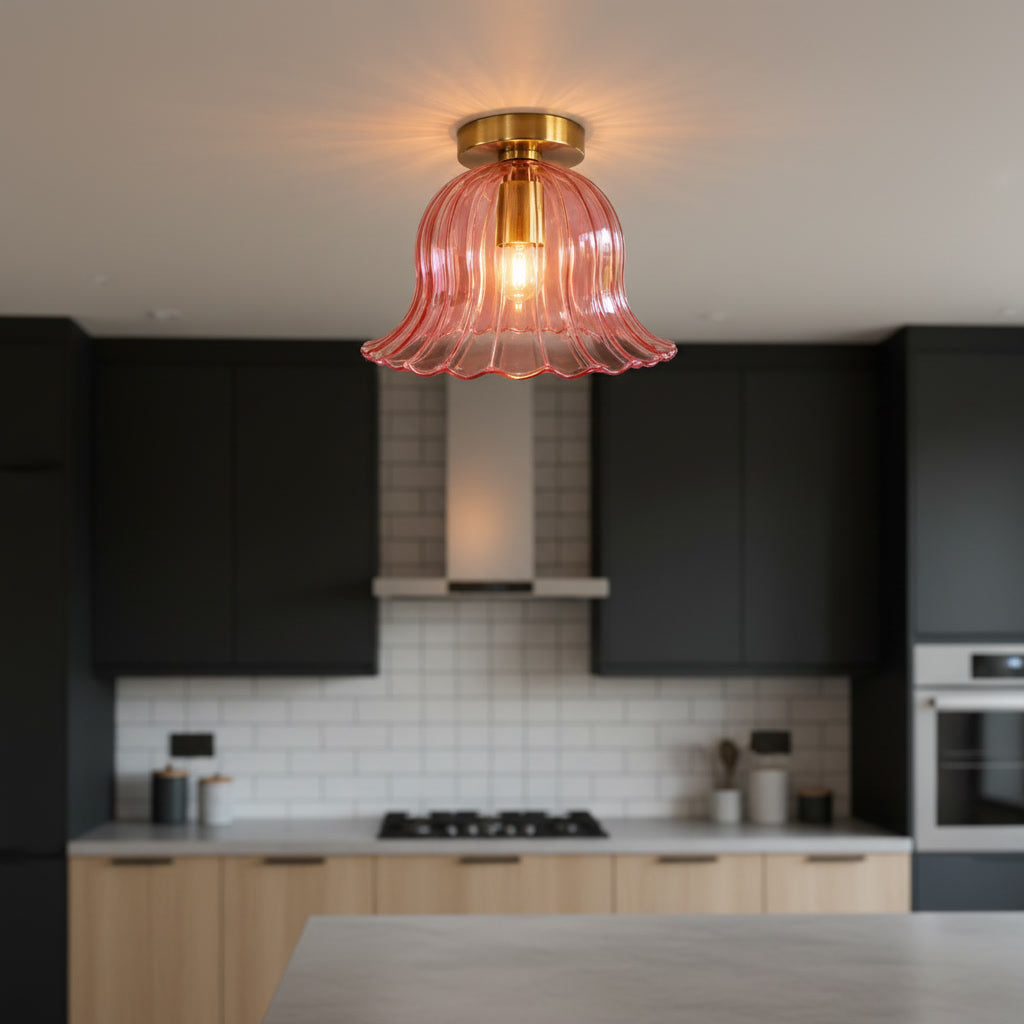 Pink Ribbed Glass Flush Mount Ceiling Light – Hand Blown Flower Shade with Brass Canopy