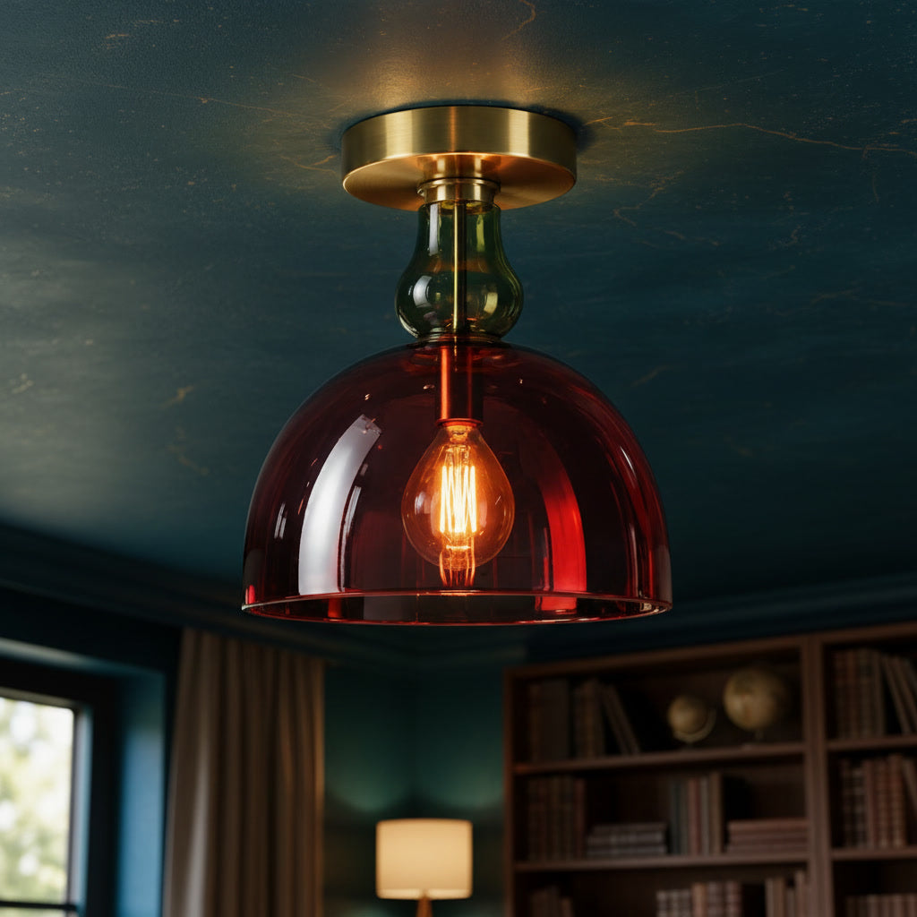 Red Glass Flush Mount Ceiling Light – Hand Blown Dome Glass with Brass Canopy