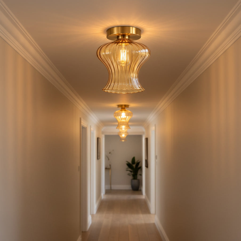 Amber Ribbed Glass Flush Mount Ceiling Light – Hand Blown Brass Ceiling Fixture