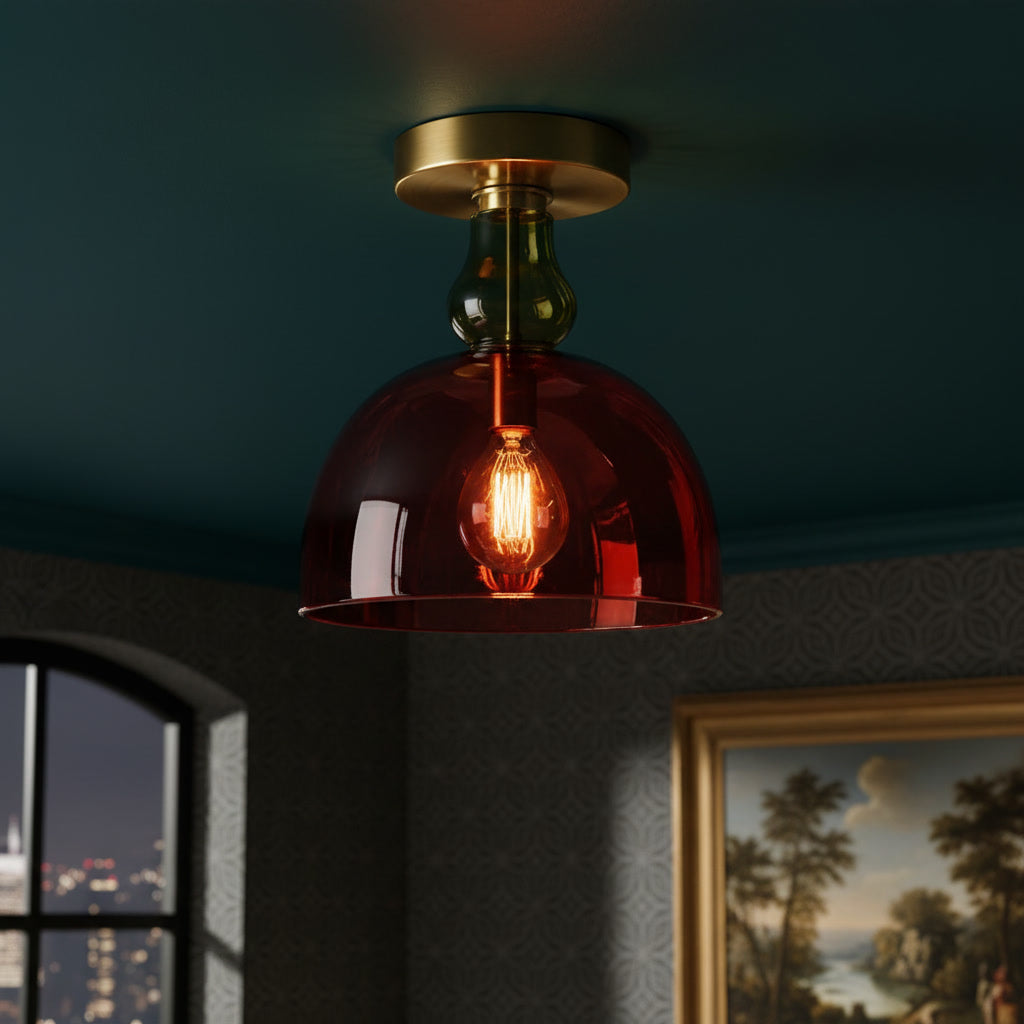 Red Glass Flush Mount Ceiling Light – Hand Blown Dome Glass with Brass Canopy