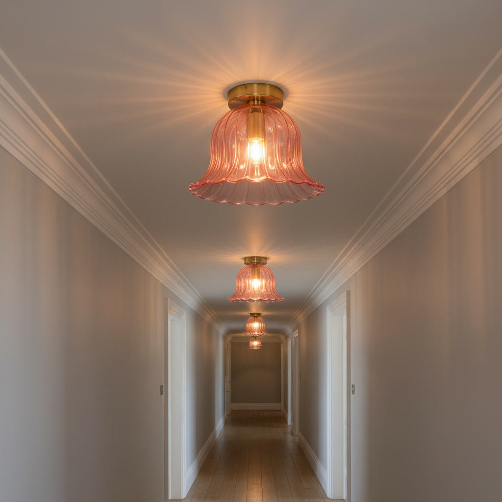 Pink Ribbed Glass Flush Mount Ceiling Light – Hand Blown Flower Shade with Brass Canopy
