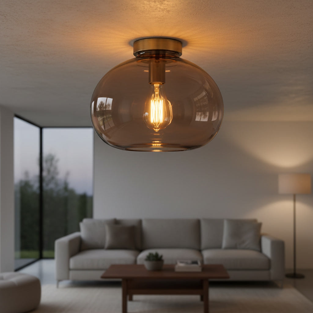 Smoky Brown Glass Flush Mount Ceiling Light – Hand Blown Globe with Brass Canopy