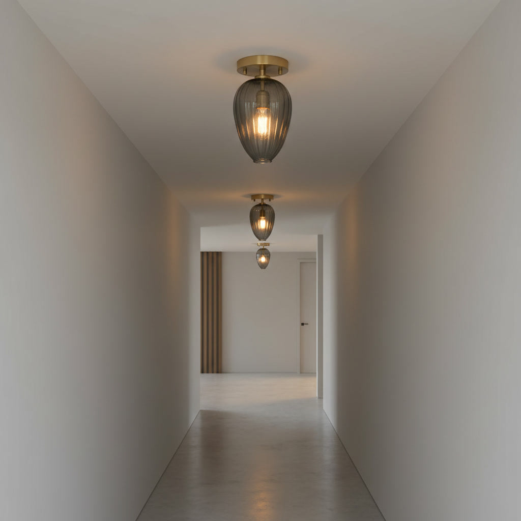 Smoky Gray Ribbed Glass Flush Mount Ceiling Light – Hand Blown Glass with Brass Canopy