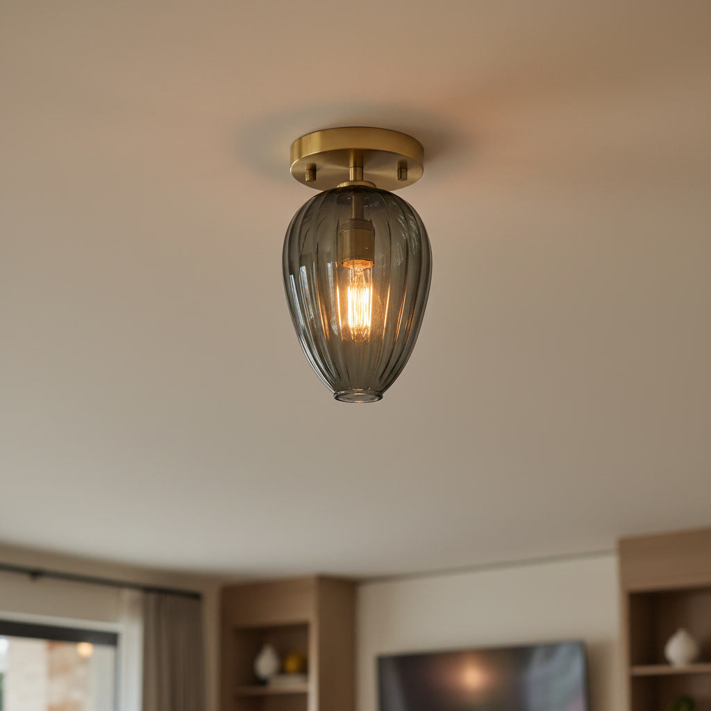 Smoky Gray Ribbed Glass Flush Mount Ceiling Light – Hand Blown Glass with Brass Canopy